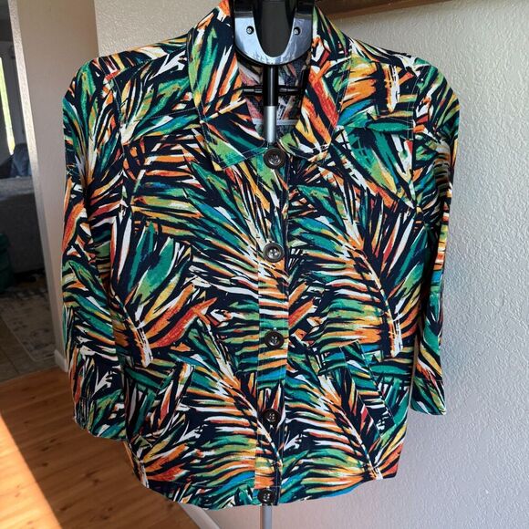 NWOT Christopher and Banks CJ Banks Tropical Linen Blend Palm Hawaiian Jacket M - Picture 1 of 5